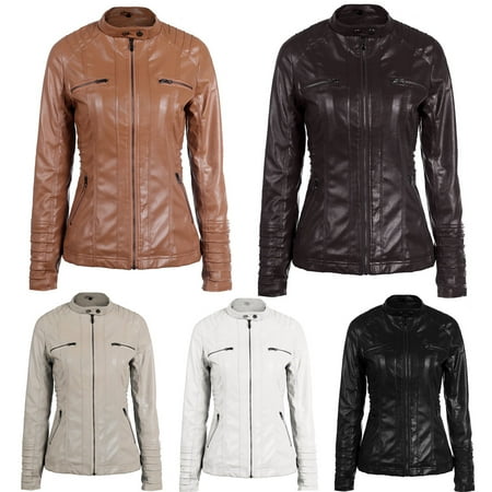 ANNA/&CHRIS Escalier Womens Faux Leather Jacket Zipper Open Front Motorcycle Bike Coat with Pockets